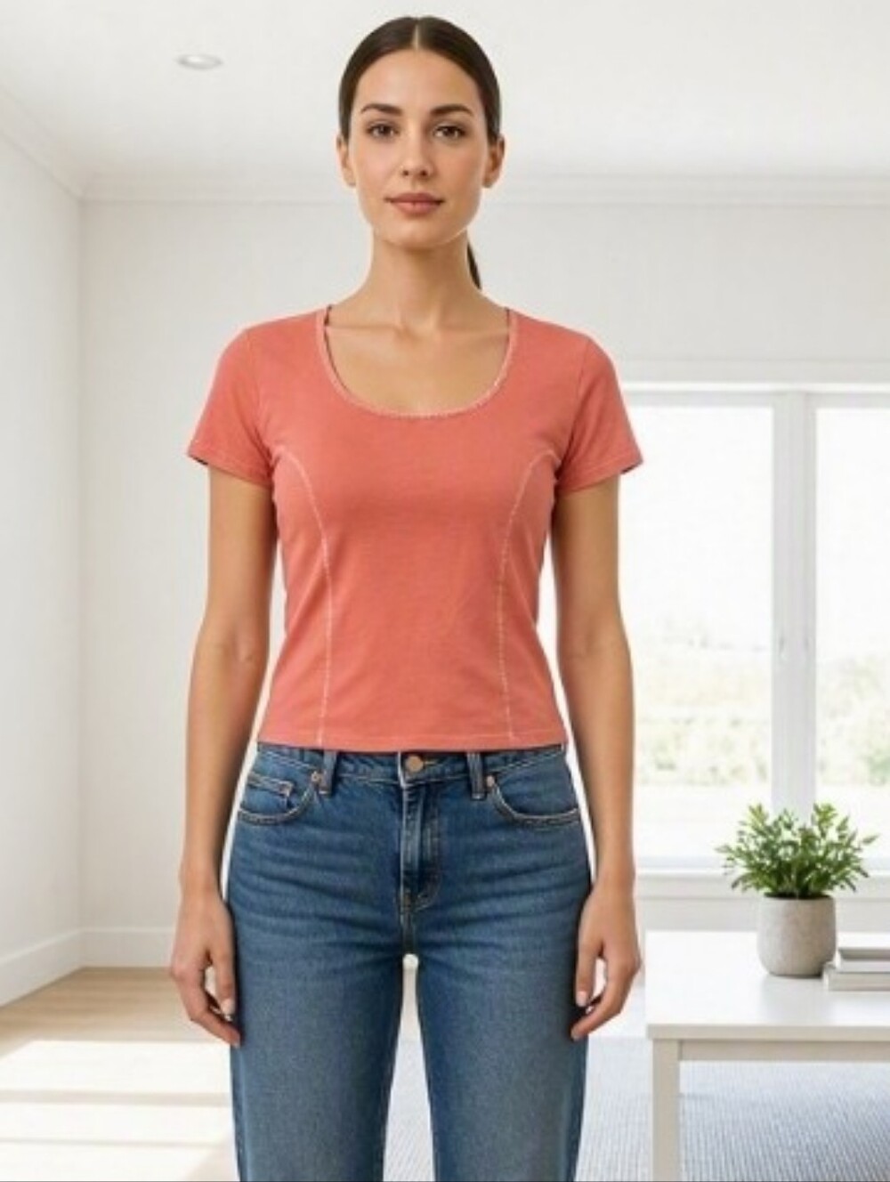 Westbound Petites Coral Peach Scoop Neck Short Sleeve Crop Top - Petite Small